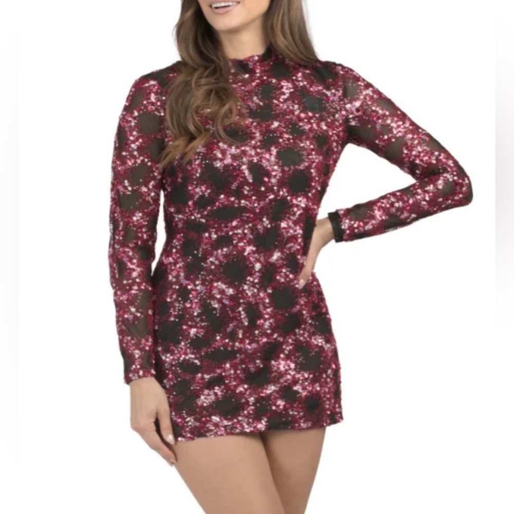 New BCBG MAXAZRIA Elegant Black & Red Sequin Long Sleeve Mock Neck Dress Sz 2